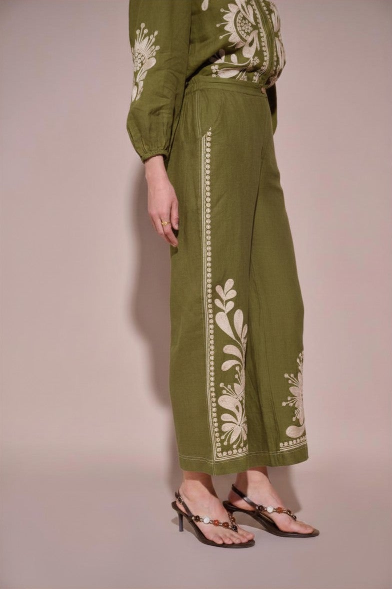 Green Linen Wide-Leg Trousers with Placement Print