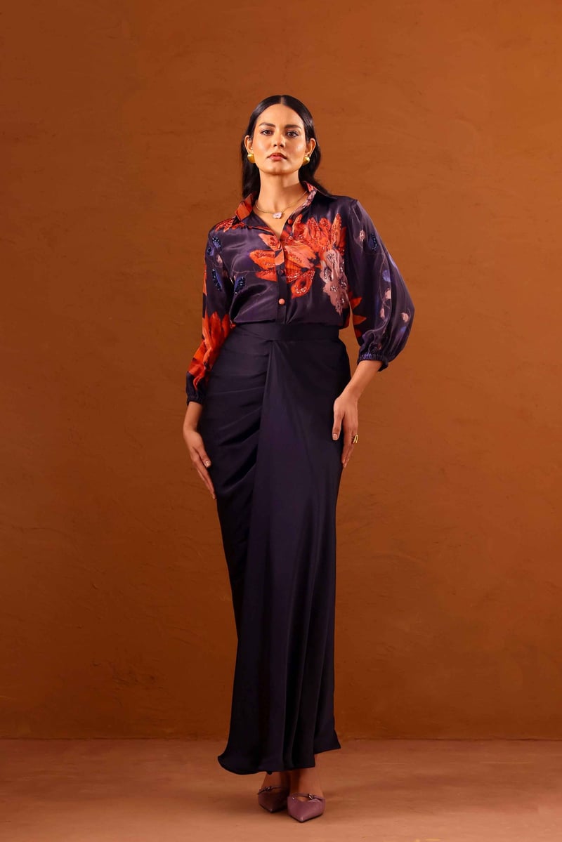 Printed Shirt and Draped Maxi Skirt Co-ord Set — STUDIO SURBHI