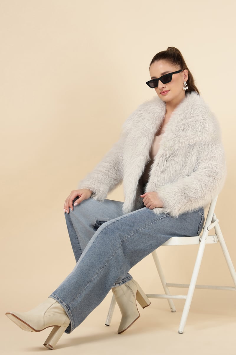 Beige Cropped Faux-Fur Jacket with Lapel Collar