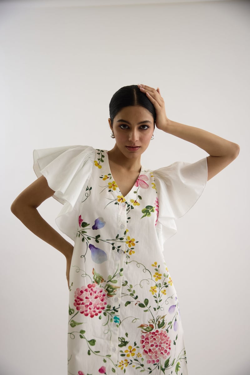 White Floral Printed Mini Dress with Flutter Sleeves