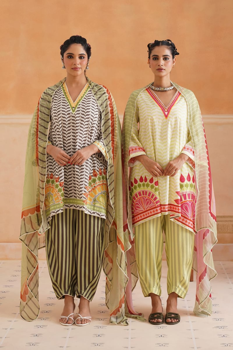 Green Chevron Print Kurta Set with Dupatta