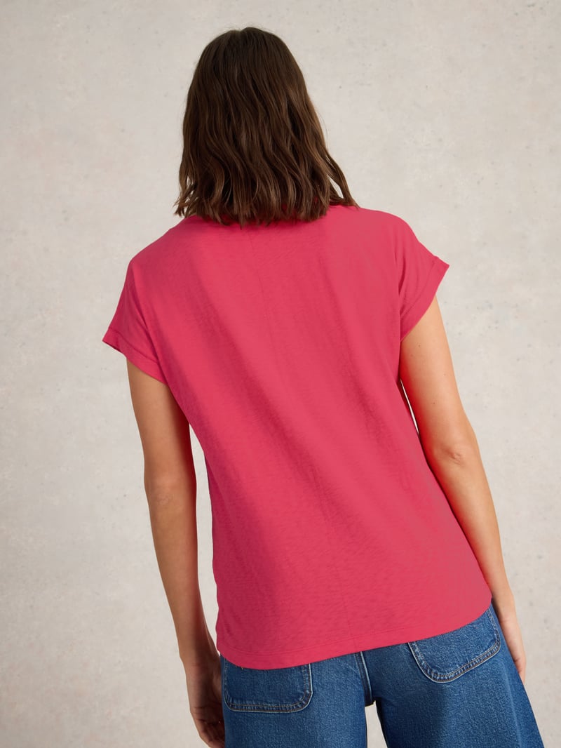 Bright Pink Notch V-Neck Cotton Jersey T-Shirt