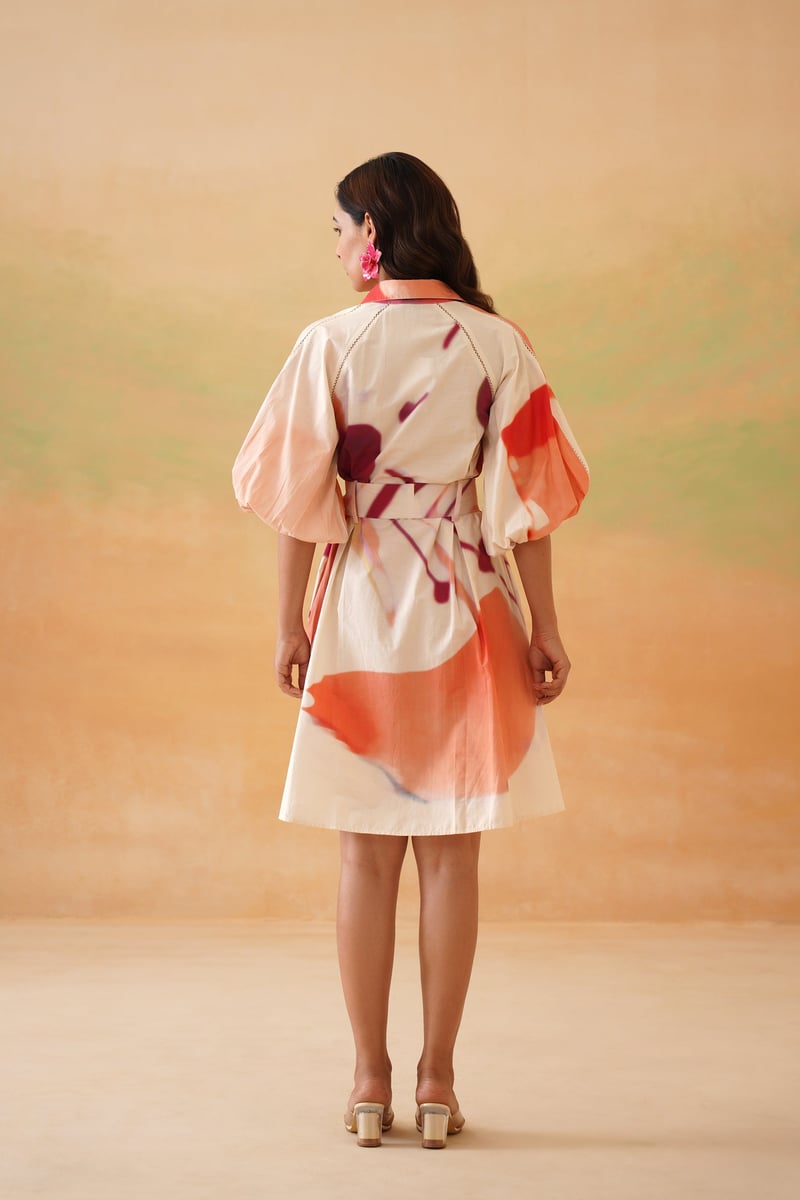 Beige Abstract Printed Mini Shirt Dress with Belt