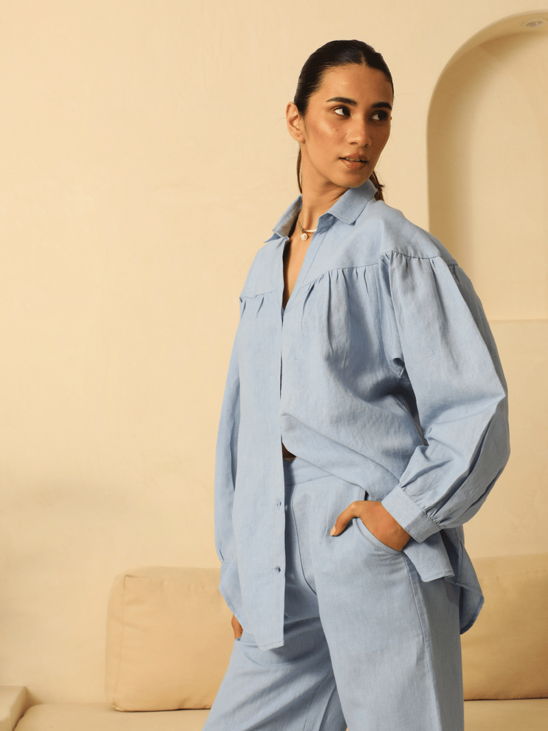 Powder Blue Linen-Blend Oversized Shirt and Pants Co-ord