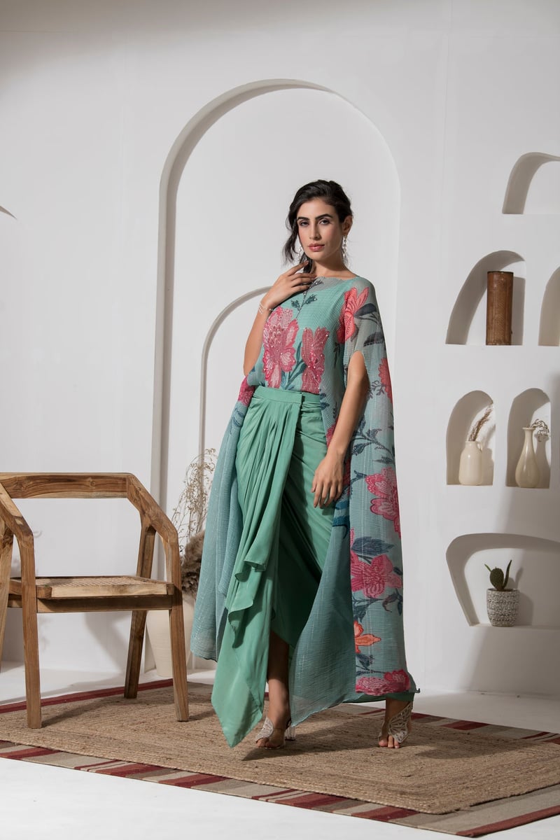 Dusty Jade Green Floral Kaftan and Dhoti Co-ord Set