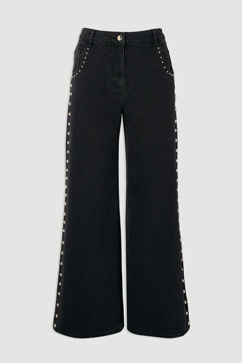 Black Wide-Leg Studded Denim Trousers
