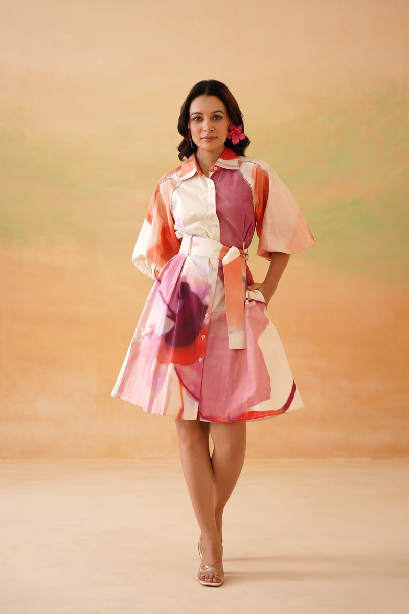 Beige Abstract Printed Mini Shirt Dress with Belt
