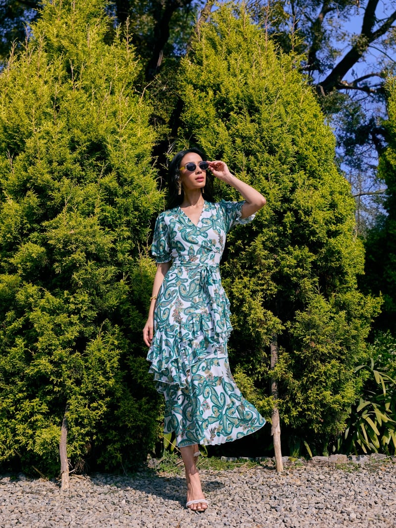 Green Paisley Print Wrap Midi Dress with Ruffle Tiers