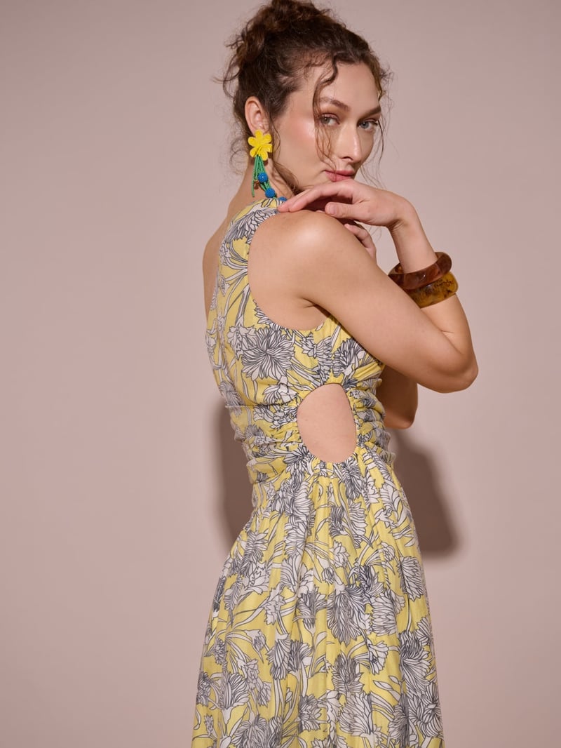 Yellow One-Shoulder Floral Printed Midi Dress with Slit