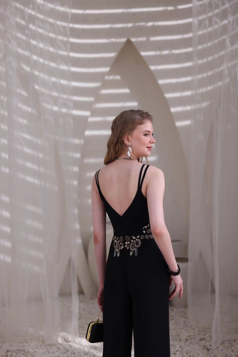 Black Embellished Wide-Leg Georgette Jumpsuit