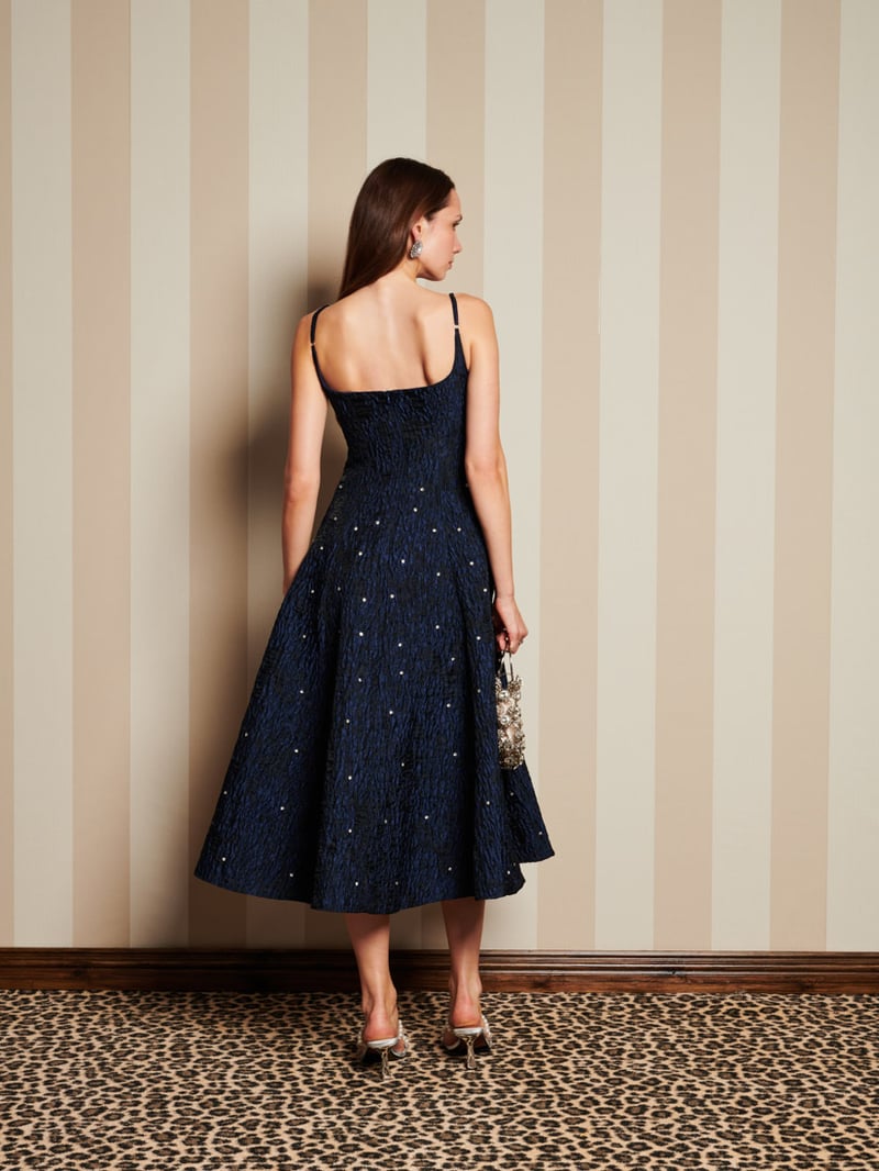 Navy Floral Jacquard Fit and Flare Midi Dress