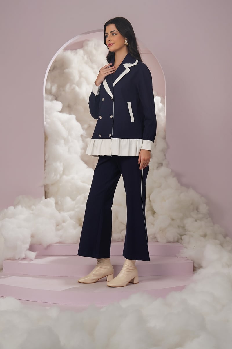 Navy High-Rise Bootcut Trousers with Contrast Piping