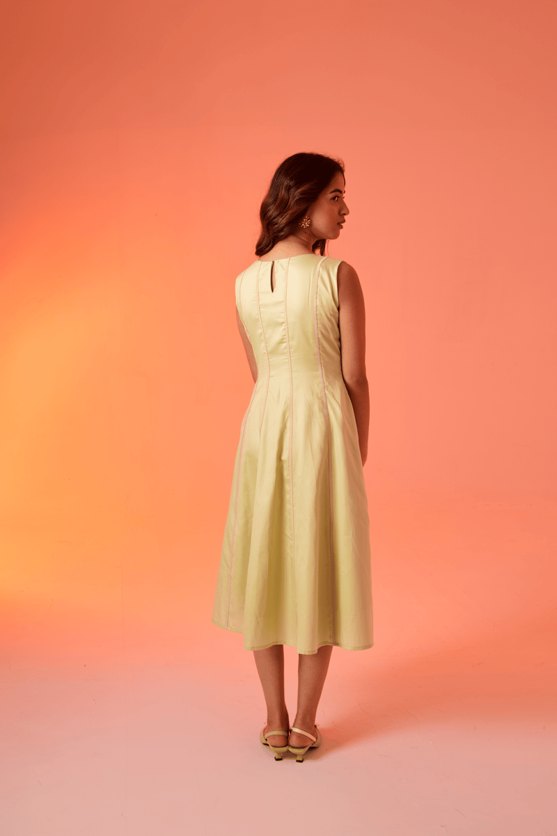 Leek Green Cotton Satin Lace Yoke Fit and Flare Midi Dress