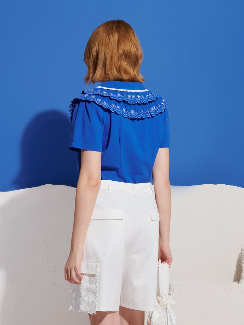 Cobalt Blue Embroidered Ruffle Collar Button-Down Blouse