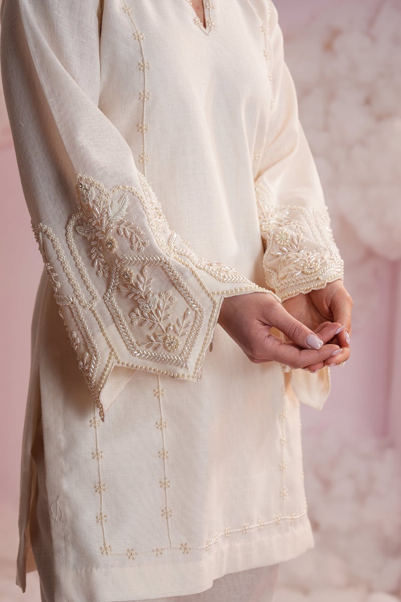 Cream Pearl-Embroidered Kurta and Pant Co-ord Set