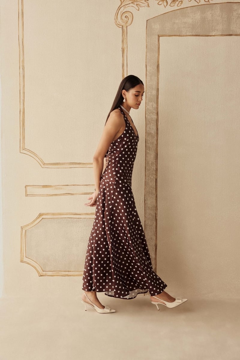 Brown Polka Dot Halter Maxi Dress