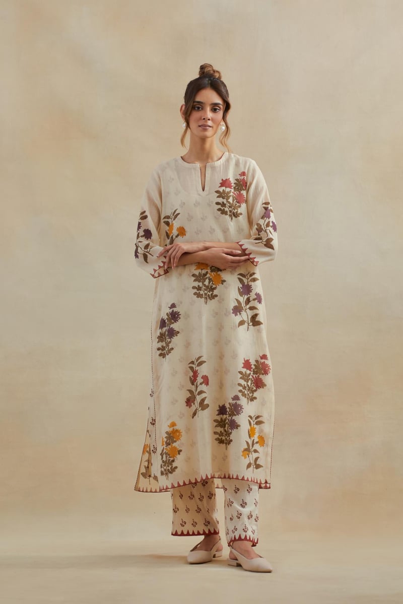 Beige Floral Block Print Straight Kurta Set with Dupatta