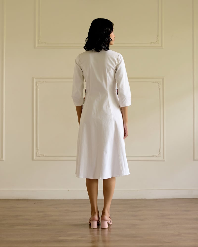White Collared Midi Dress with Floral Pocket Detail