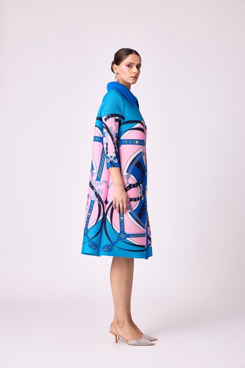 Blue Abstract Print Micro-Pleated Shirt Dress