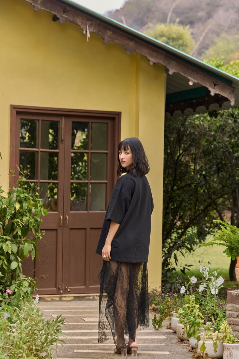 Black Sheer Lace Asymmetric Maxi Skirt with Side Slit