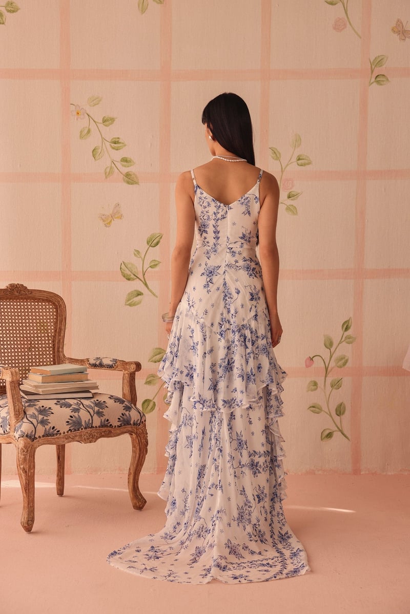 White and Blue Floral Ruffle Maxi Dress