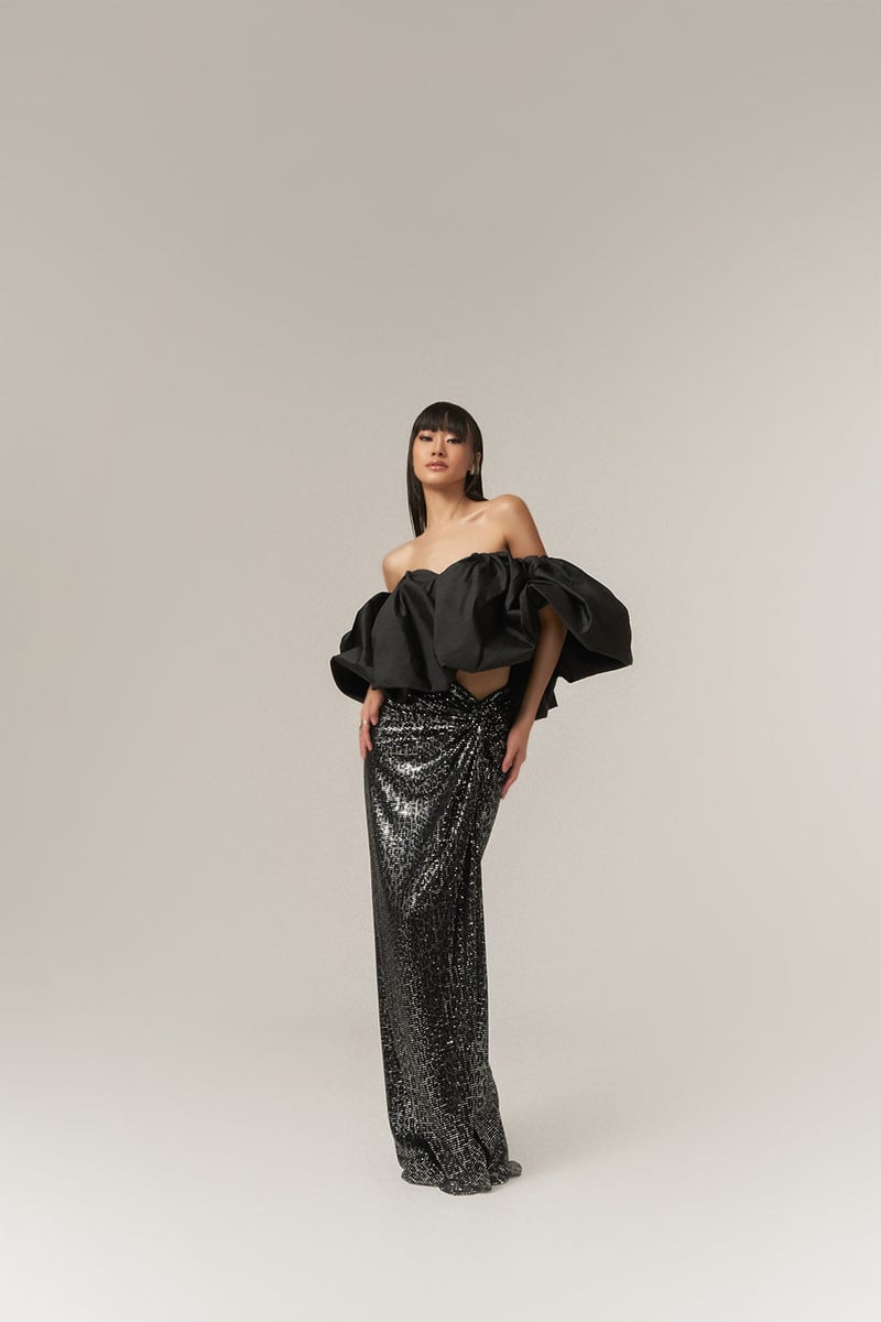 Off-Shoulder Balloon Top and Sequin Maxi Skirt Co-ord Set