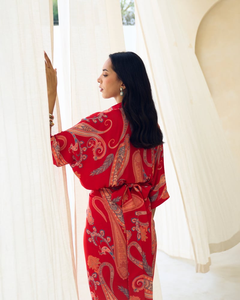 Red Paisley Wrap Midi Dress with Twist-Knot Waist