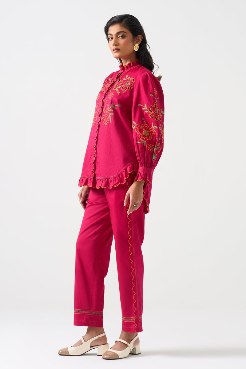 Hot Pink Embroidered Ruffle-Trim Mandarin Collar Shirt