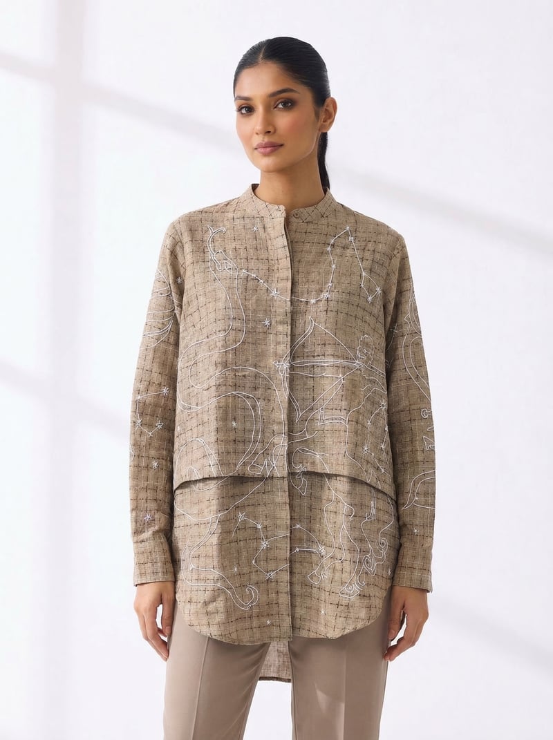 Beige Oversized Hand Embroidered Paneled Shirt — Subtle Shuttle Studio