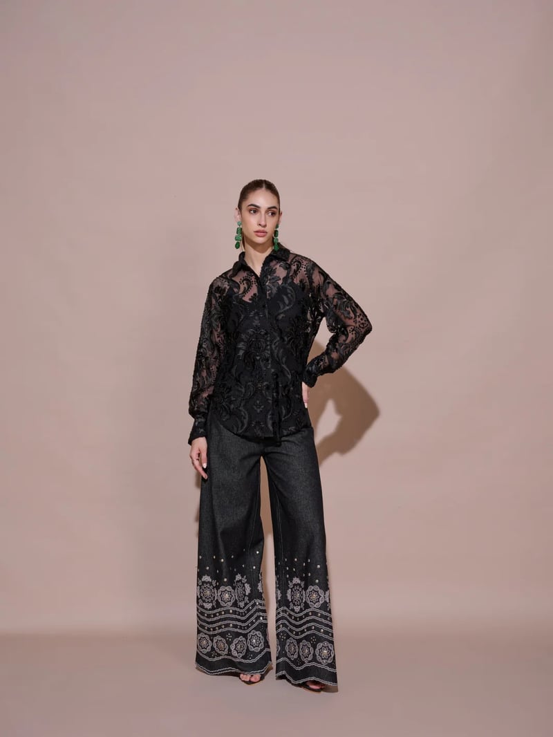 Black Sheer Mesh Button-Down Shirt with Velvet Jacquard