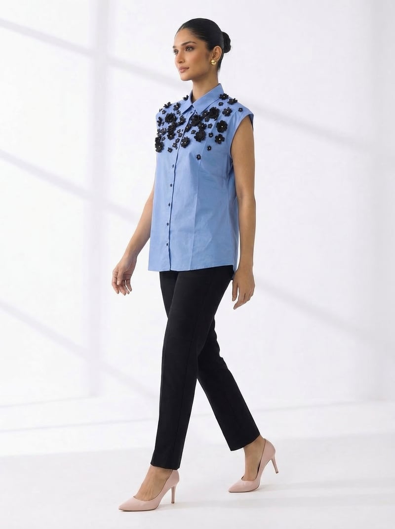 Periwinkle Sleeveless Button-Down Shirt with Floral Applique