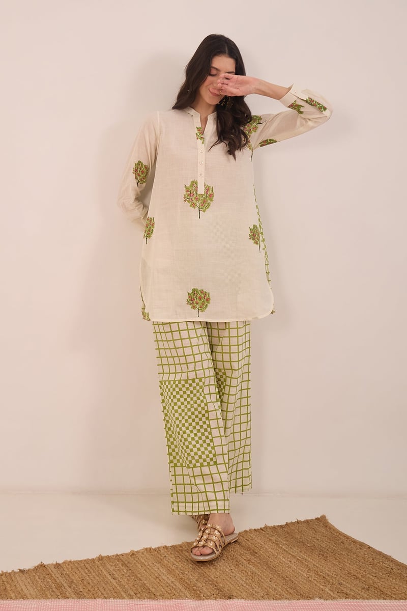 Ivory Tunic and Olive Check Wide-Leg Pants Co-ord Set
