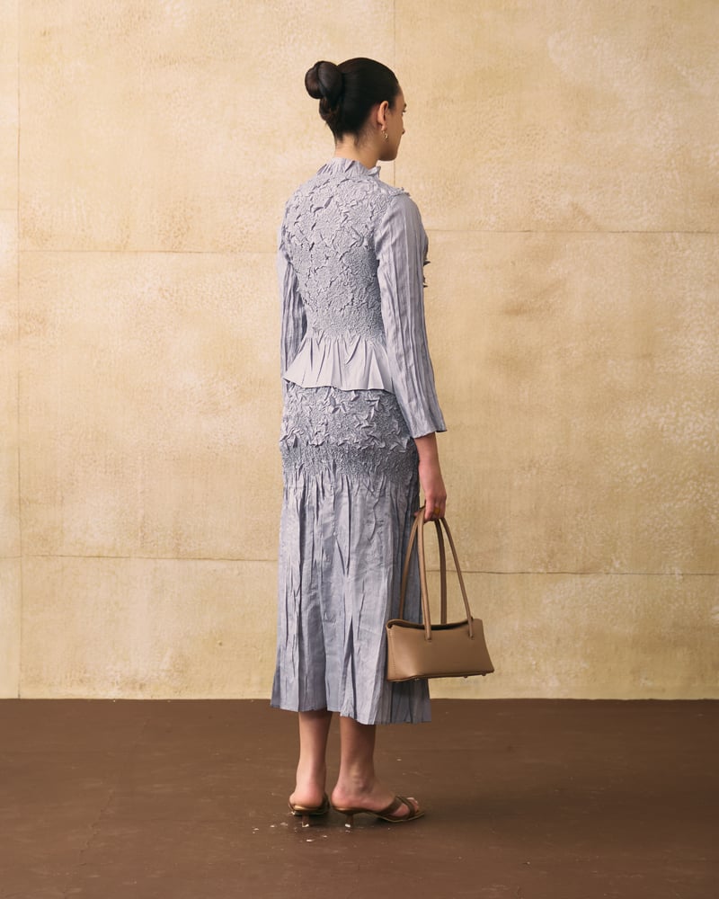 Grey Textured Peplum Top and Midi Skirt Co-ord Set