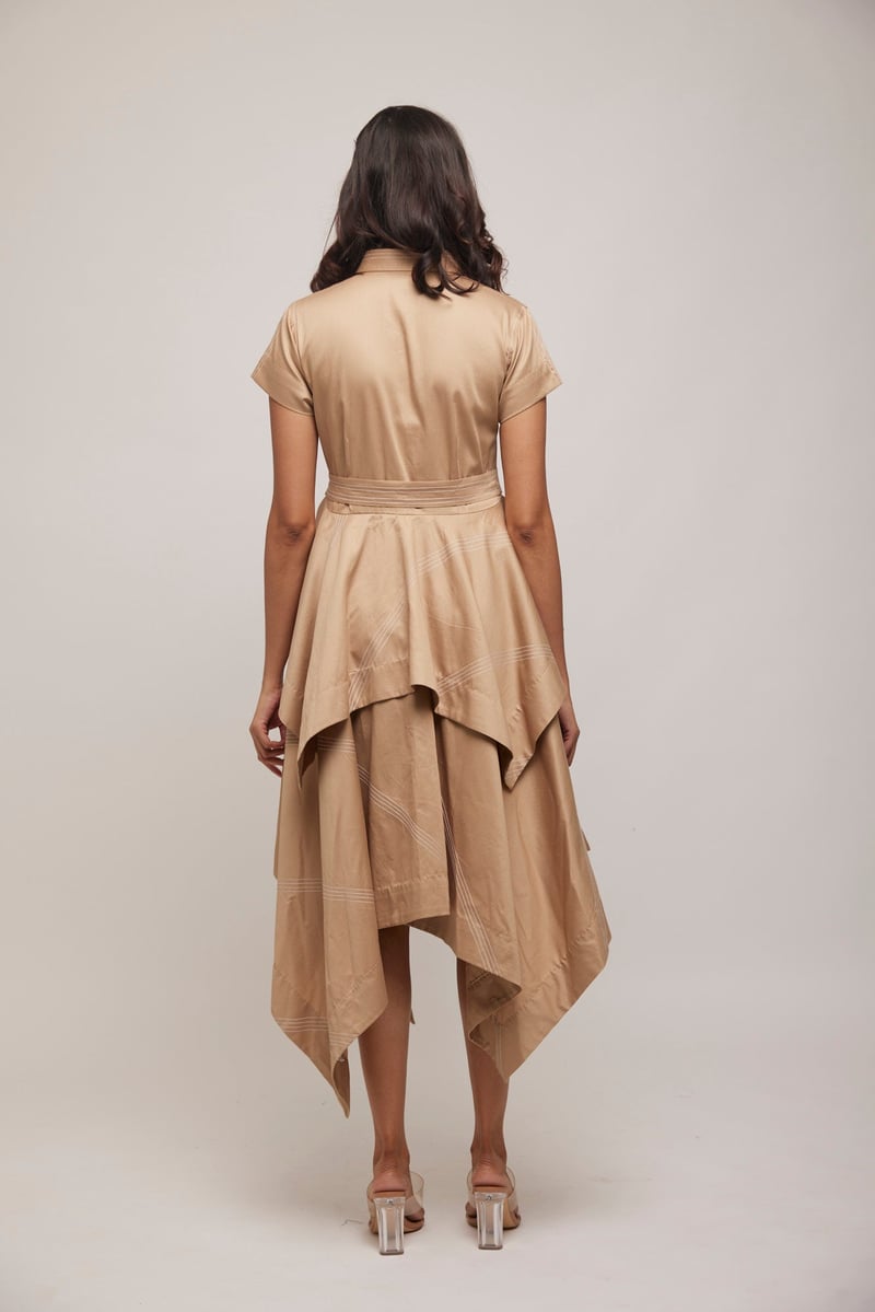 Beige-Gold Asymmetrical Layered Shirtdress with Belt