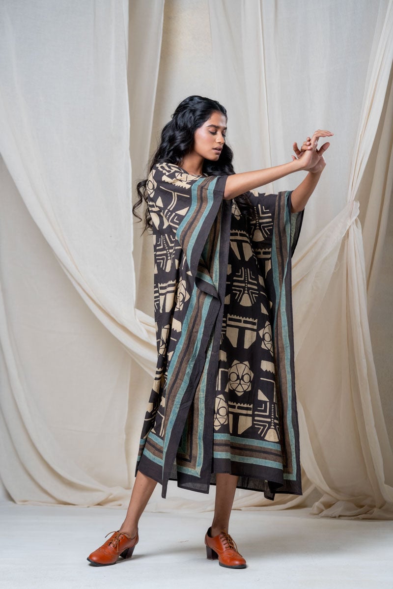 Black Block Print Cotton Midi Kaftan Dress