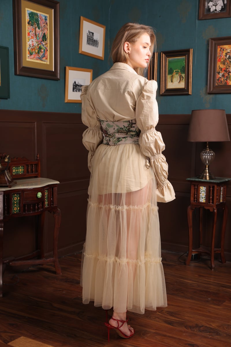 Beige Net Tiered Maxi Skirt