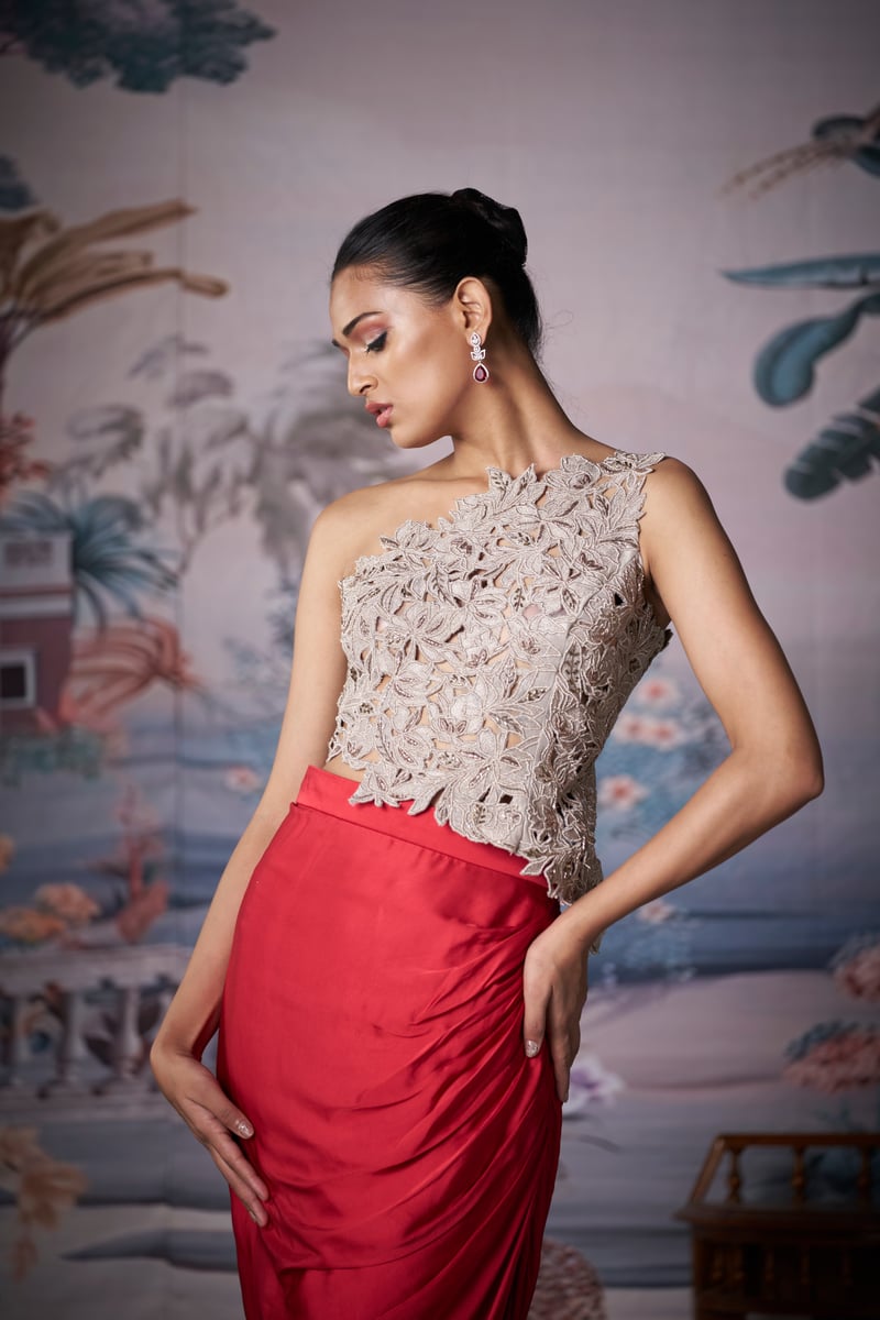 Silver One-Shoulder Embroidered Top and Red Maxi Skirt Set
