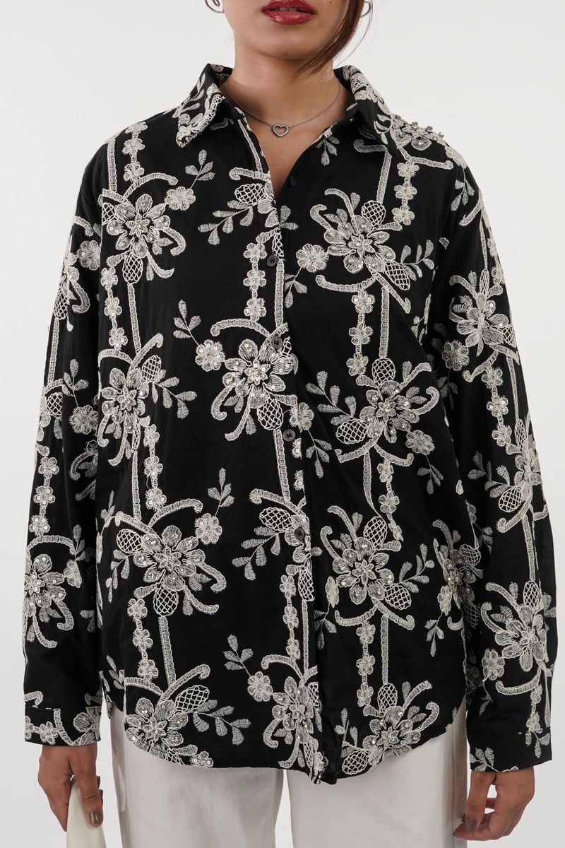 Black Embroidered and Embellished Button-Down Shirt