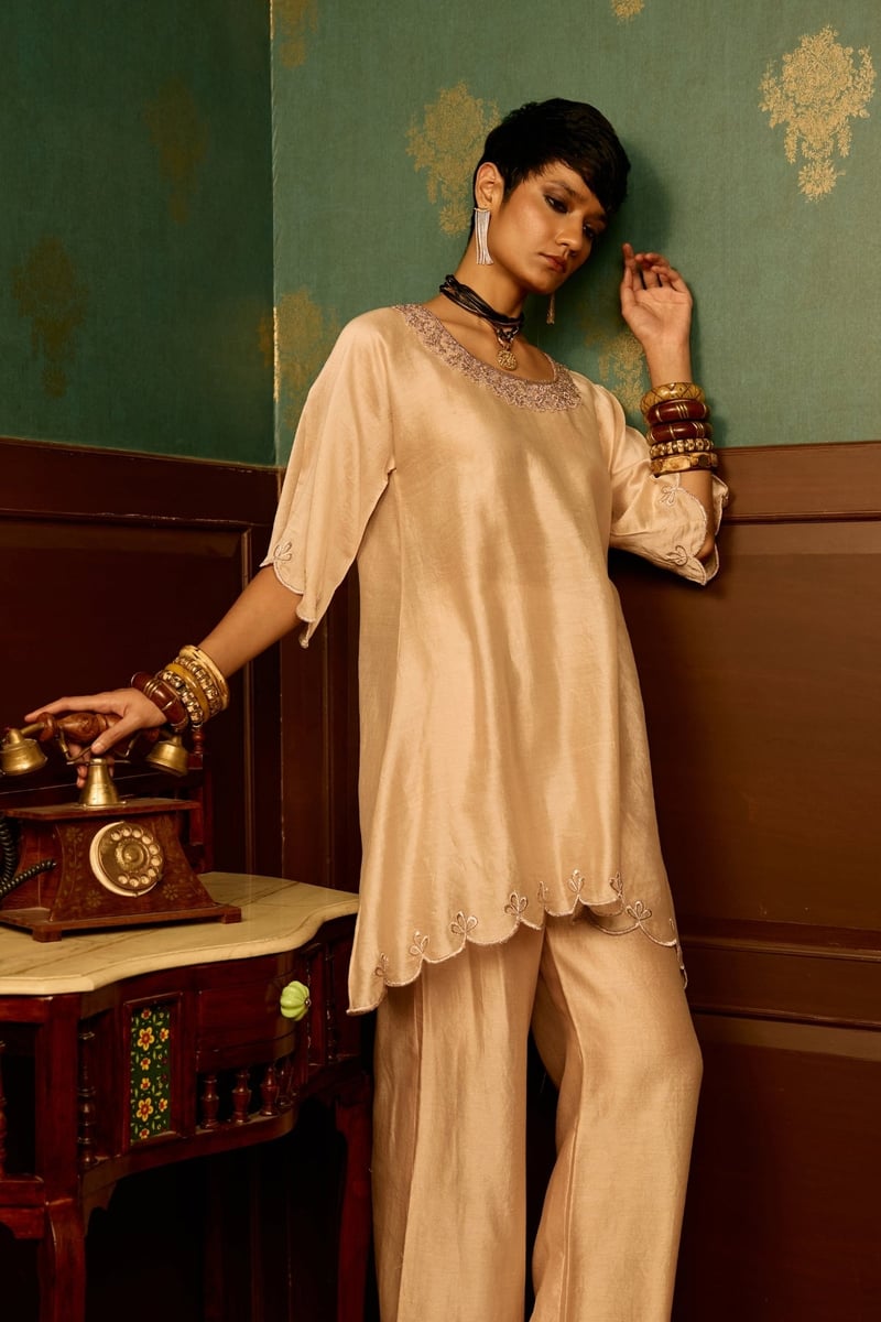 Baby Pink Chanderi Wrap Top and Flared Garara Co-ord Set