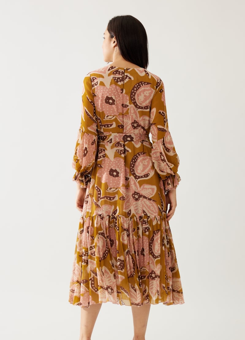 Mustard And Pink Floral Midi Dress