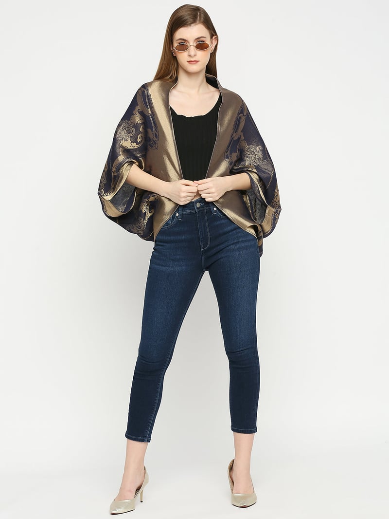 Navy Blue Metallic Brocade Cocoon Shrug