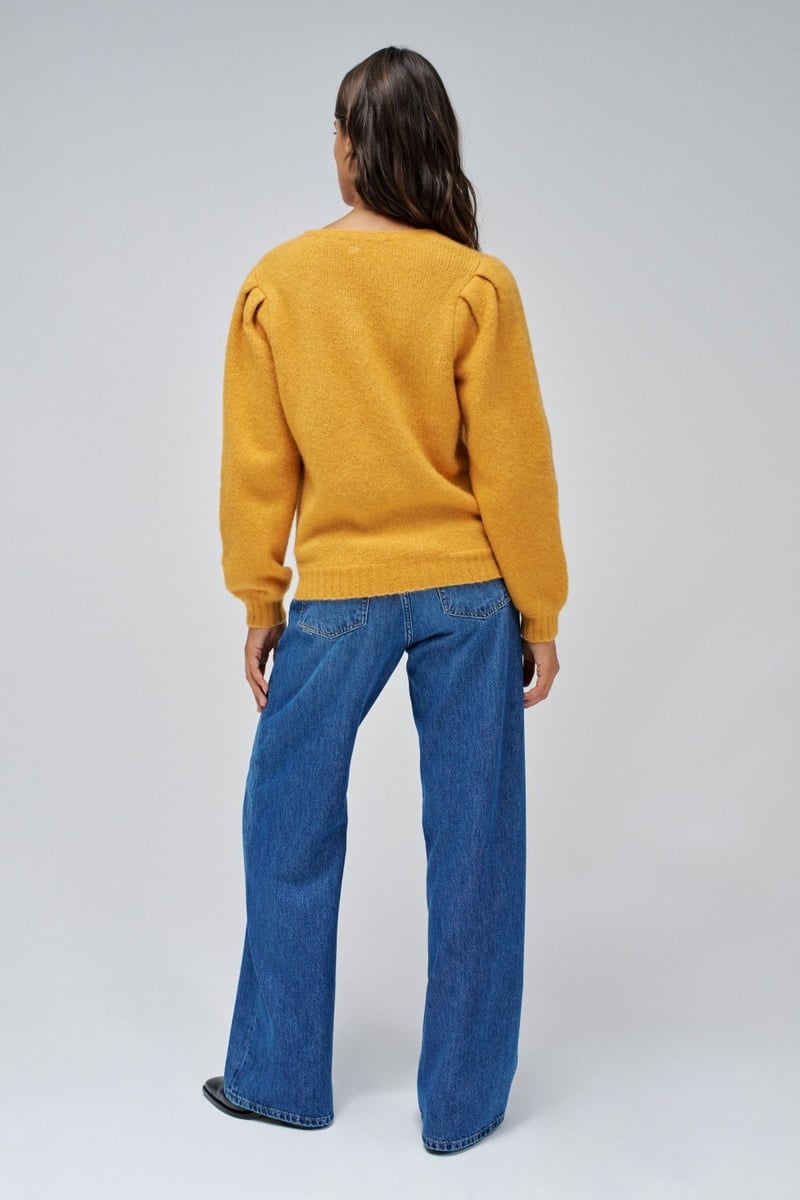 Mustard Crew-Neck Sweater with 3D Floral Appliques