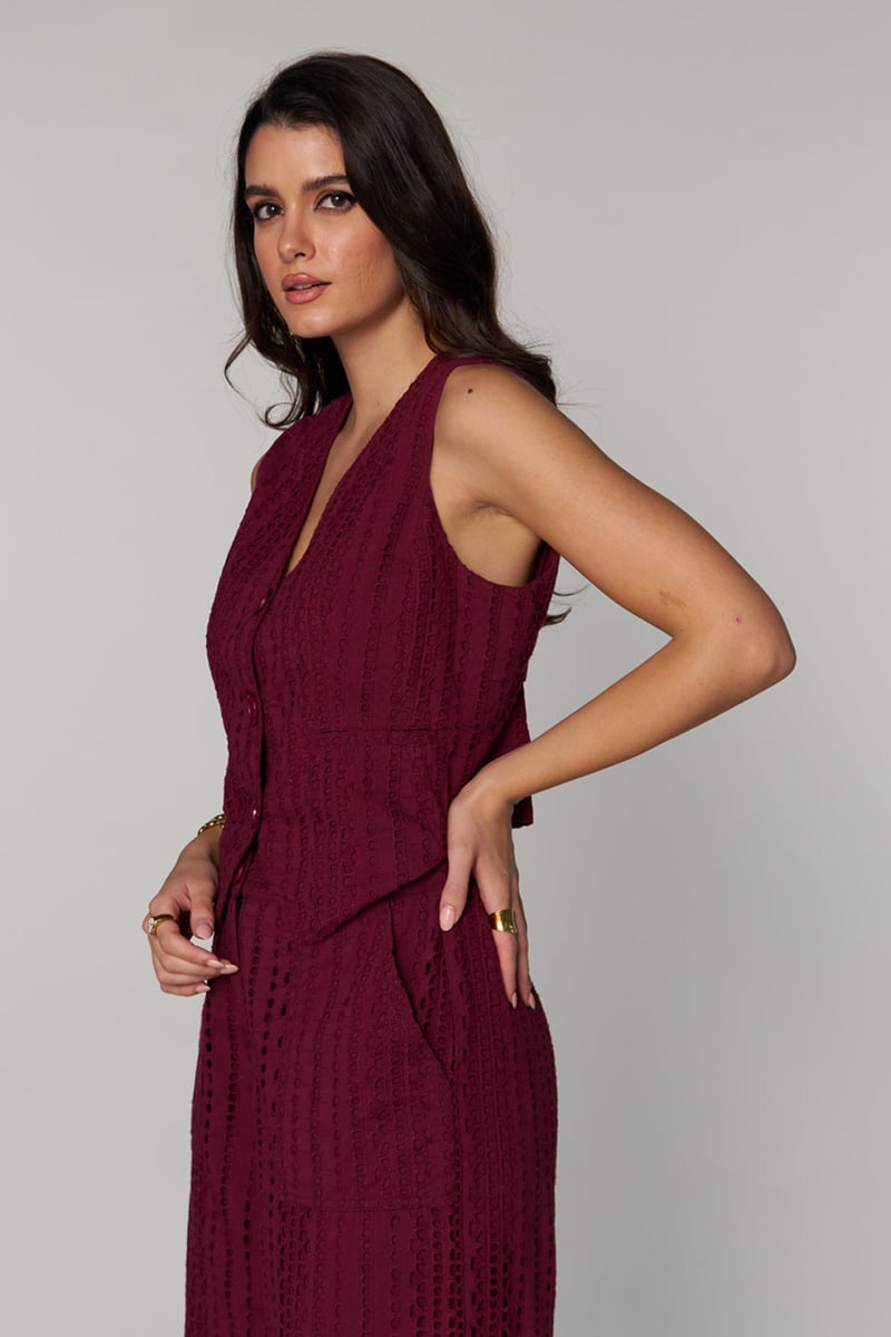 Wine Schiffli Cutwork Button-Front Tailored Waistcoat