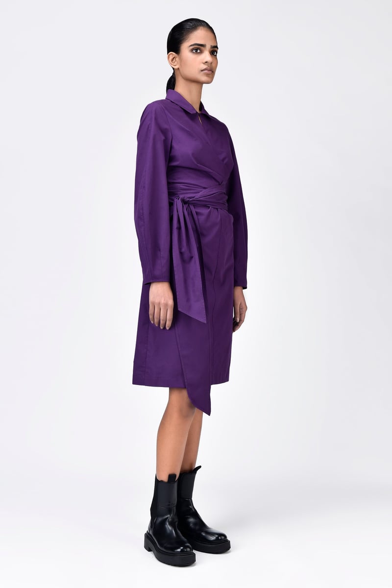 Amethyst A-Line Collared Wrap Dress with Tie-Up Waist