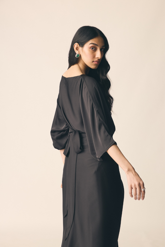 Black Satin Oversized Top and Wrap Maxi Skirt Co-ord Set
