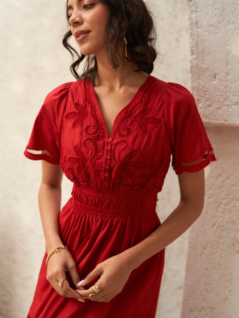 Red Cutwork Tiered Maxi Dress with Smocked Waist