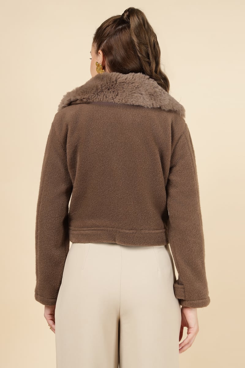 Taba Brown Cropped Jacket with Faux-Fur Collar