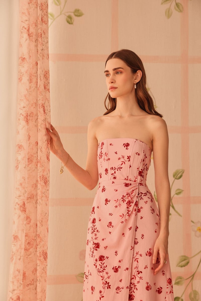 Pink Red Floral Strapless Corset Maxi Dress