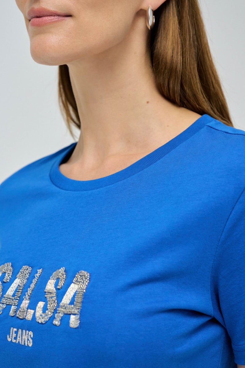 Dark Blue Logo T-Shirt with Shiny Bead Detail