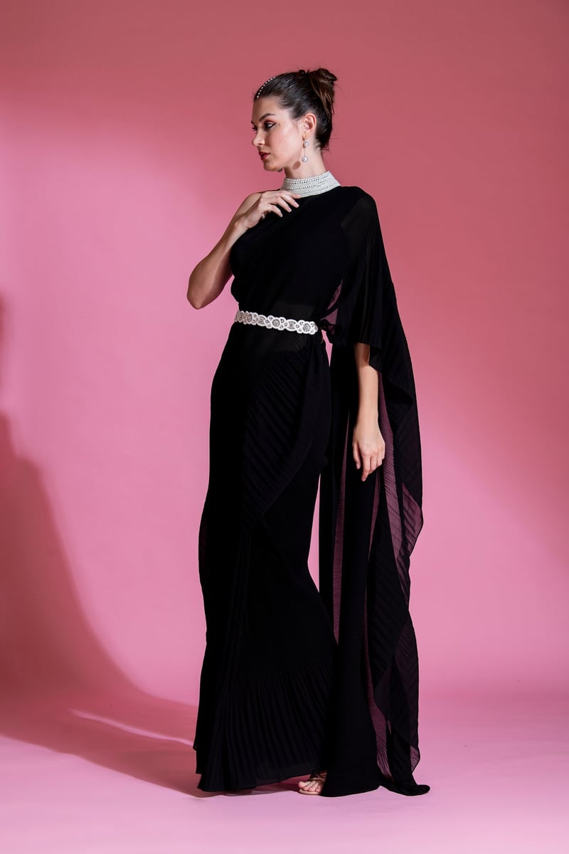Midnight Black Pre-Draped Pleated Georgette Saree Set